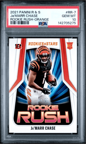 Graded 2021 Panini Rookies & Stars Ja'Marr Chase #RR7 Rookie Rush Orange /99 Rookie RC Football Card PSA 10 Gem Mint