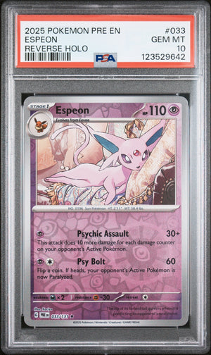 Graded 2025 Pokemon PRE EN Espeon #033 Reverse Holo Prismatic Evolutions Trading Card Game PSA 10 Gem Mint