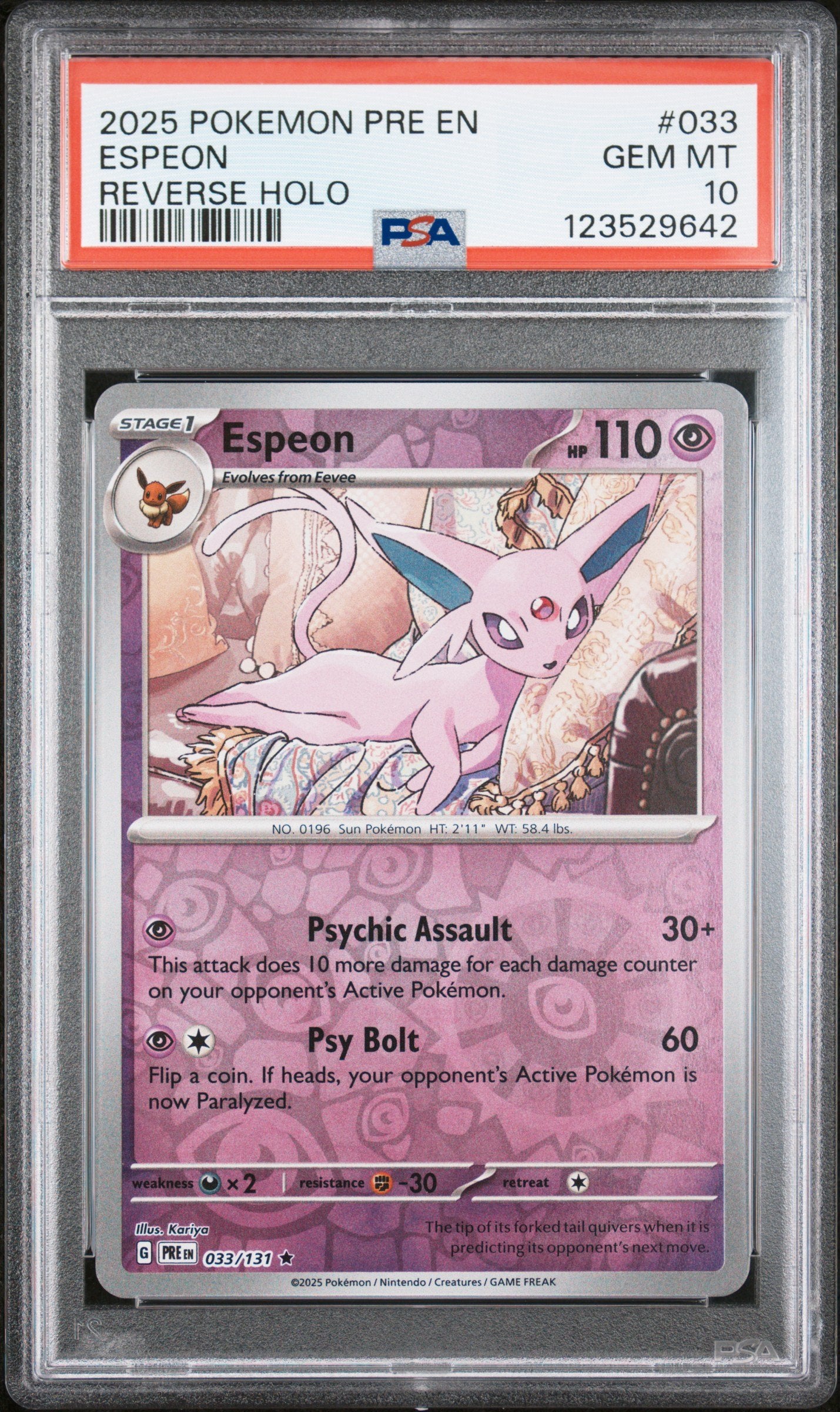 Graded 2025 Pokemon PRE EN Espeon #033 Reverse Holo Prismatic Evolutions Trading Card Game PSA 10 Gem Mint
