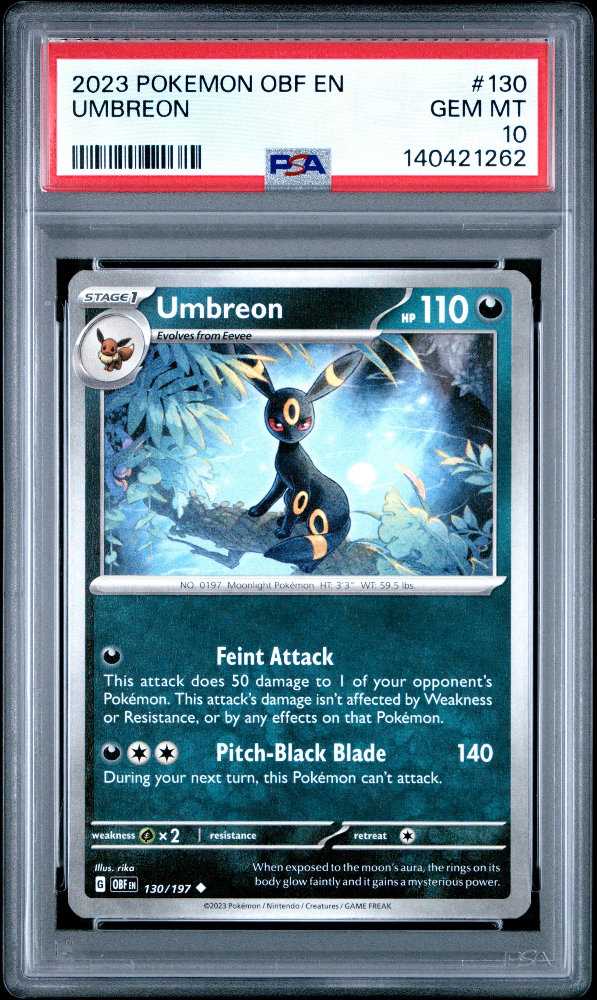 Graded 2023 Pokemon OBF Umbreon #130 Obsidian Flames Trading Card Game PSA 10 Gem Mint