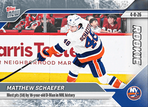 2025 Topps Now Matthew Schaefer #142 Most Points (58) by 18 Year Old Dman in NHL History New York Islanders Rookie RC Sticker Hockey Card