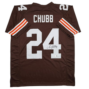 Autographed/Signed Nick Chubb Cleveland Brown Football Jersey Beckett BAS COA