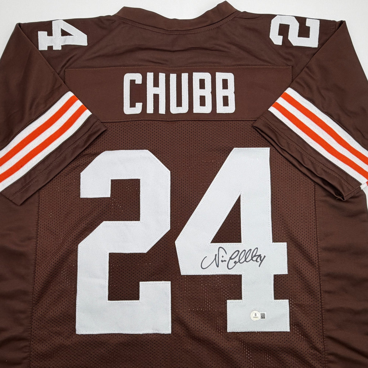Autographed/Signed Nick Chubb Cleveland Brown Football Jersey Beckett BAS COA