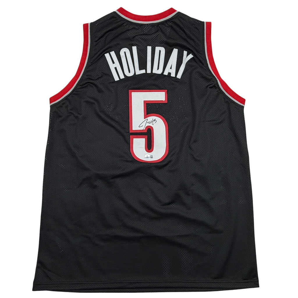 Autographed/Signed Jrue Holiday Portland Black Basketball Jersey Beckett BAS COA