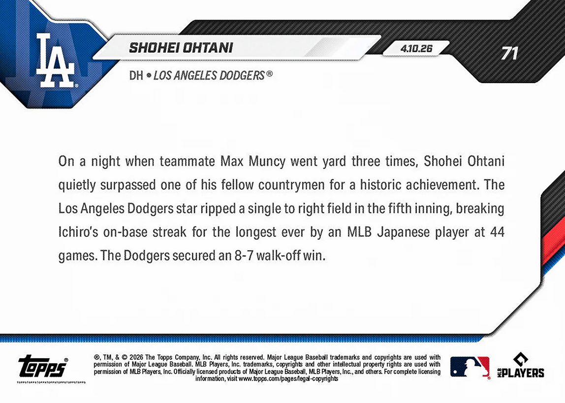 2026 Topps Now Shohei Ohtani #71 Longest On Base Streak Ever By Japanese Player Los Angeles Dodgers Baseball Card