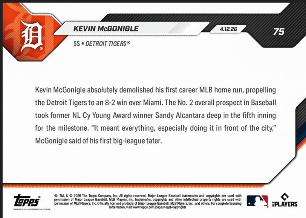 2026 Topps Now Kevin McGonigle #75 Blasts 1st Career MLB HR in Series Sweep Detroit Tigers Rookie RC Baseball Card