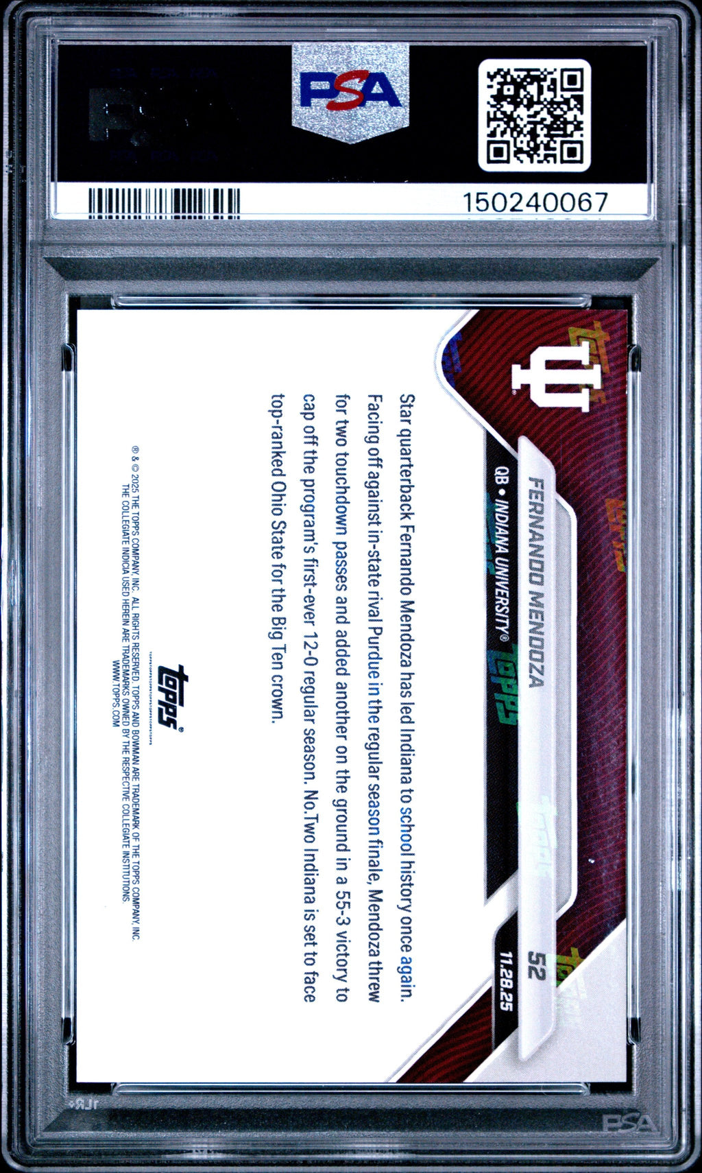 Graded 2025 Topps Bowman U Now Fernando Mendoza #52 Rookie RC Football Card PSA 9 Mint