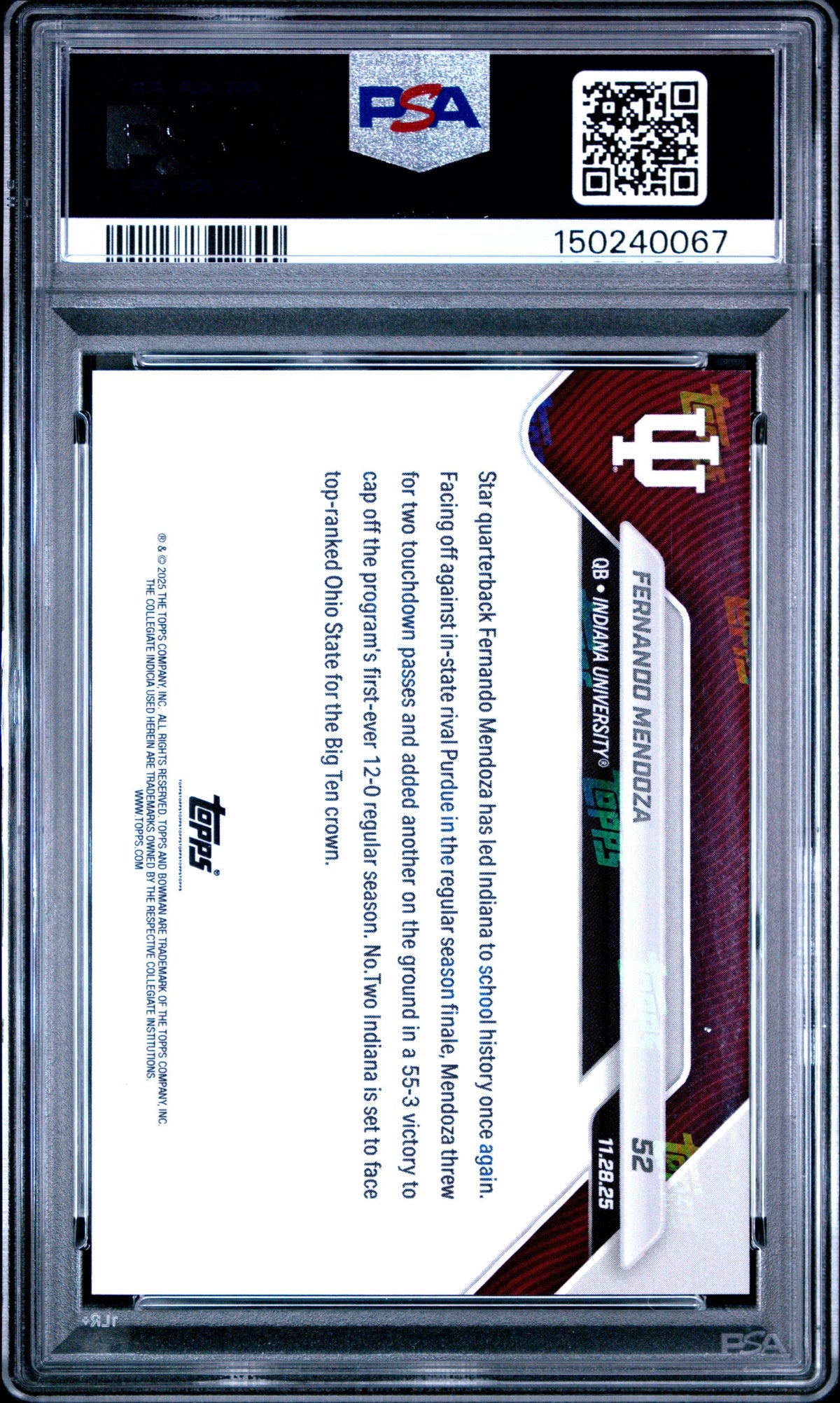 Graded 2025 Topps Bowman U Now Fernando Mendoza #52 Rookie RC Football Card PSA 9 Mint