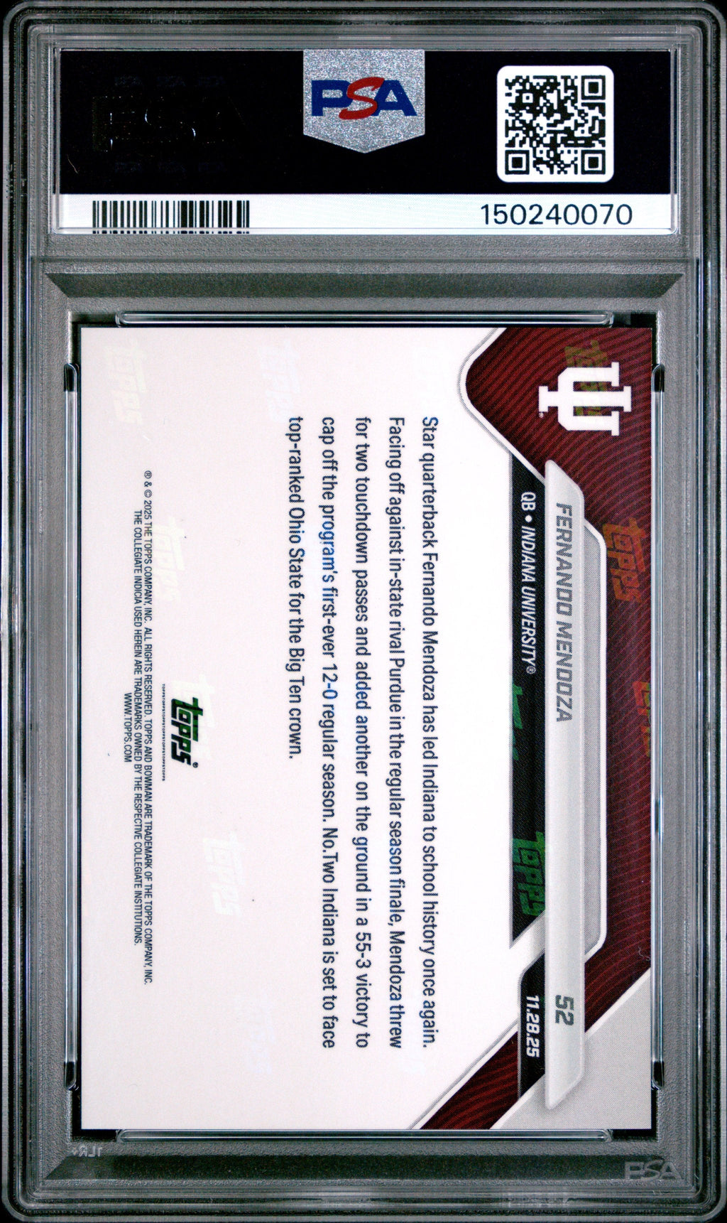 Graded 2025 Topps Bowman U Now Fernando Mendoza #52 Rookie RC Football Card PSA 8 Near Mint