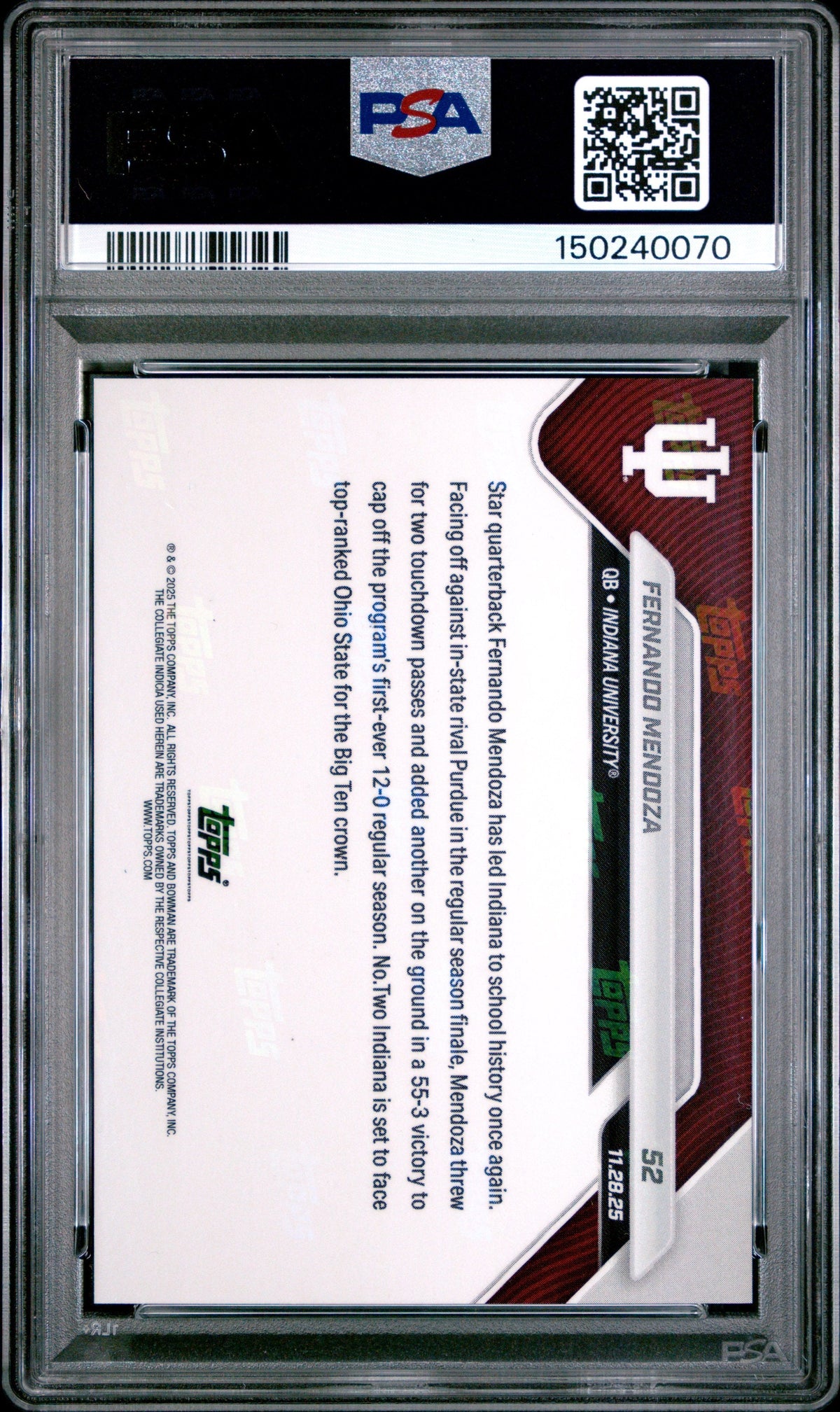 Graded 2025 Topps Bowman U Now Fernando Mendoza #52 Rookie RC Football Card PSA 8 Near Mint