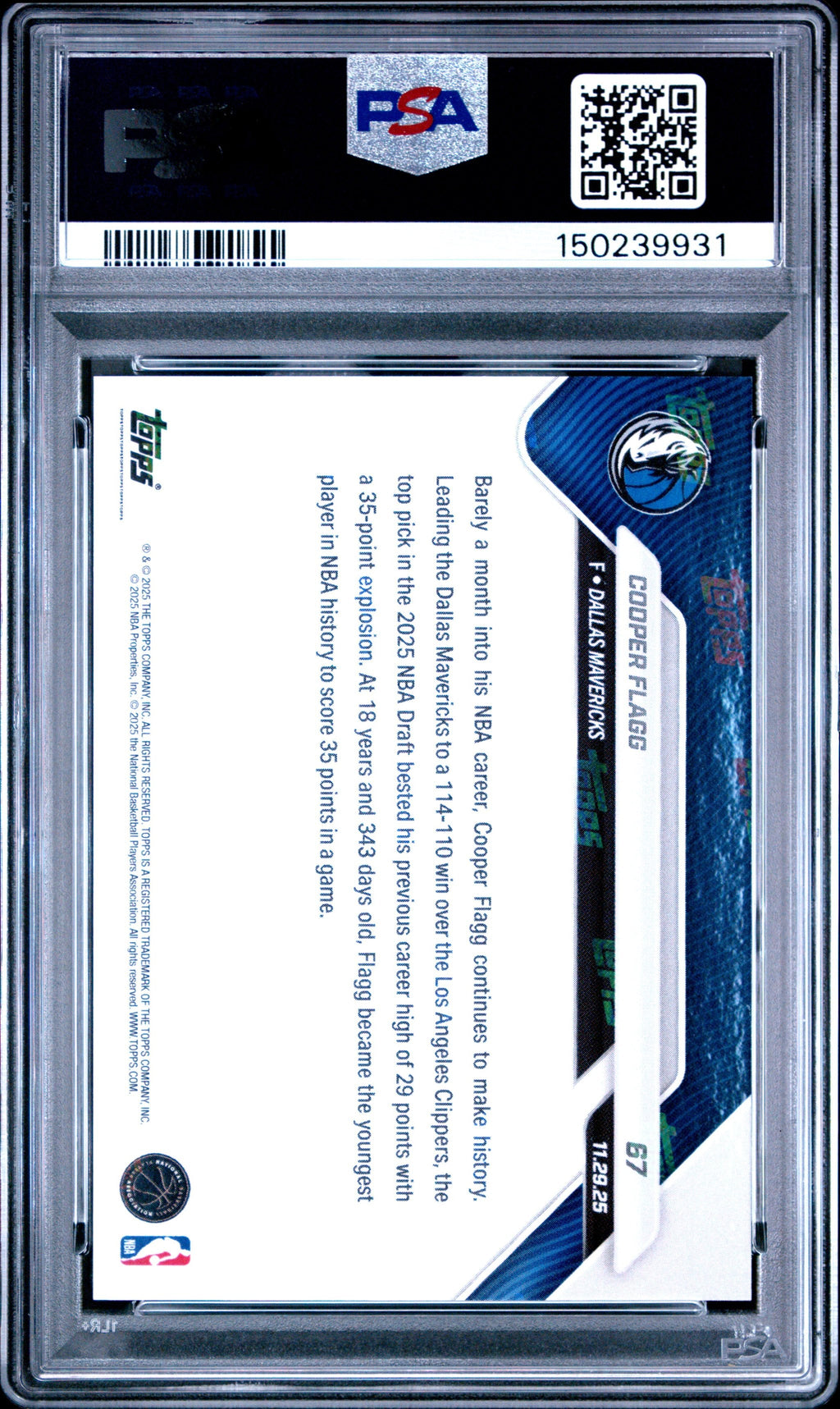 Graded 2025 Topps Now Cooper Flagg #67 Rookie RC Basketball Card PSA 8 Near Mint