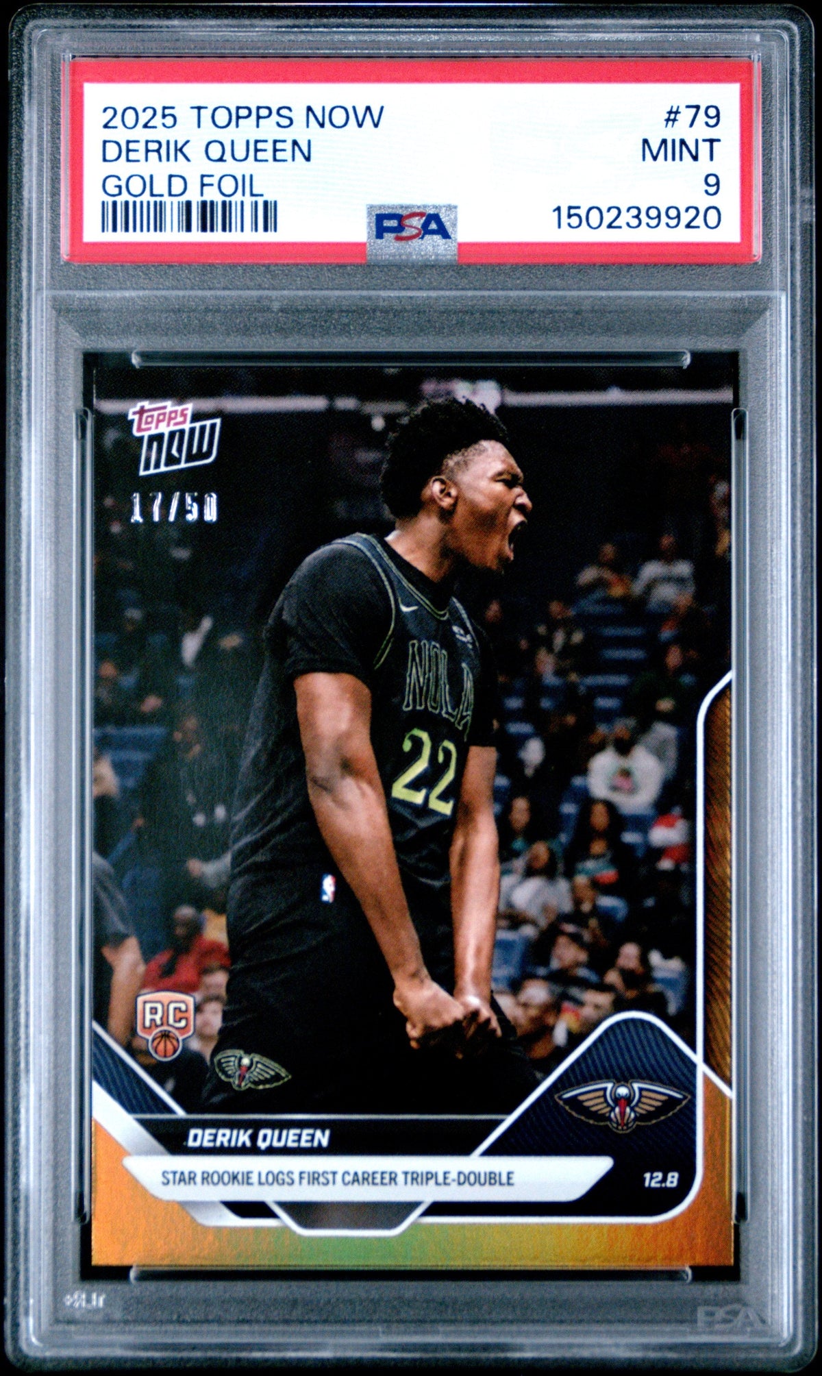 Graded 2025 Topps Now Derik Queen #79 Gold Foil /50 Rookie RC Basketball Card PSA 9 Mint
