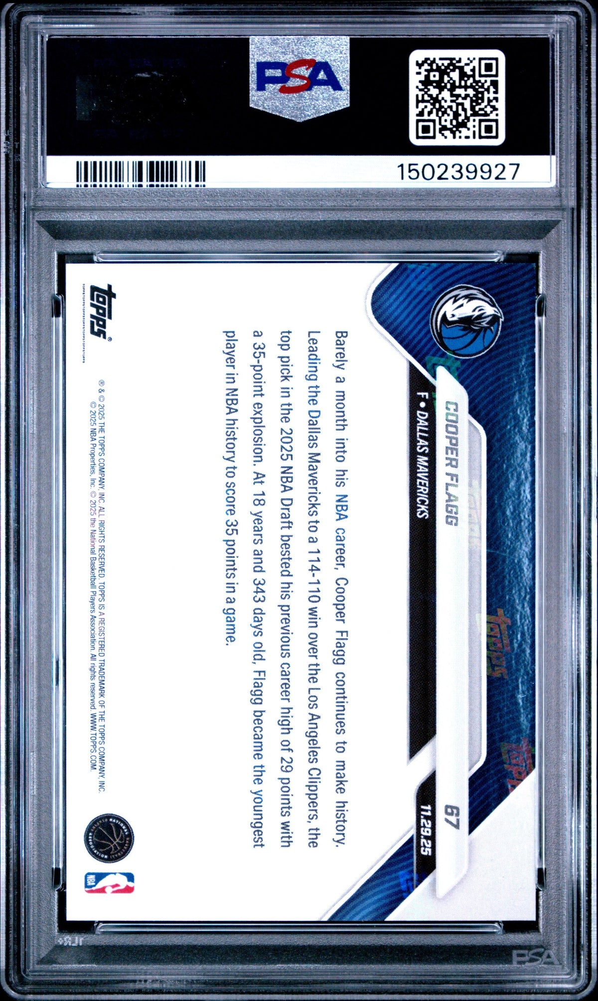 Graded 2025 Topps Now Cooper Flagg #67 Rookie RC Basketball Card PSA 9 Mint