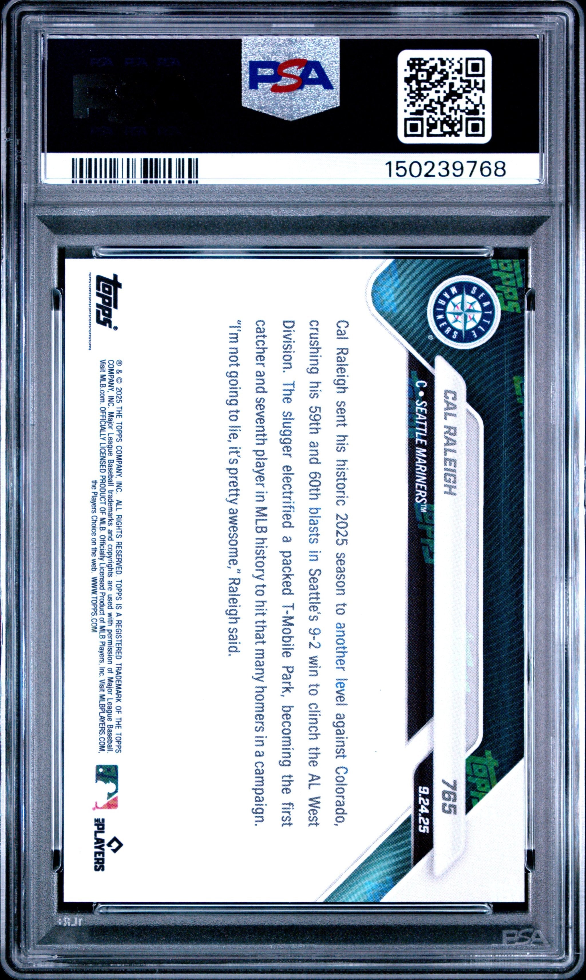 Graded 2025 Topps Now Cal Raleigh #765 Baseball Card PSA 8 Near Mint