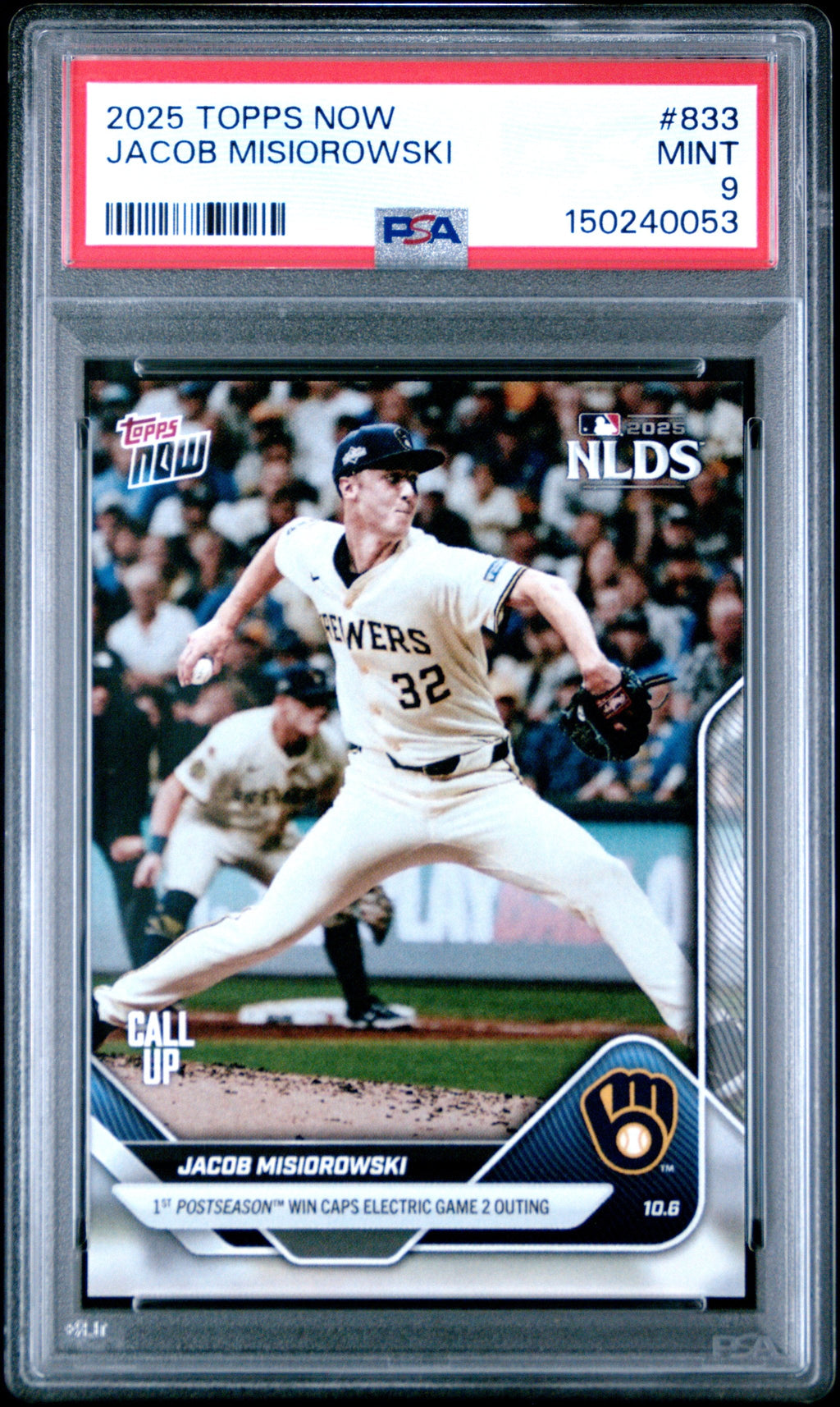Graded 2025 Topps Now Jacob Misiorowski #833 Rookie RC Baseball Card PSA 9 Mint
