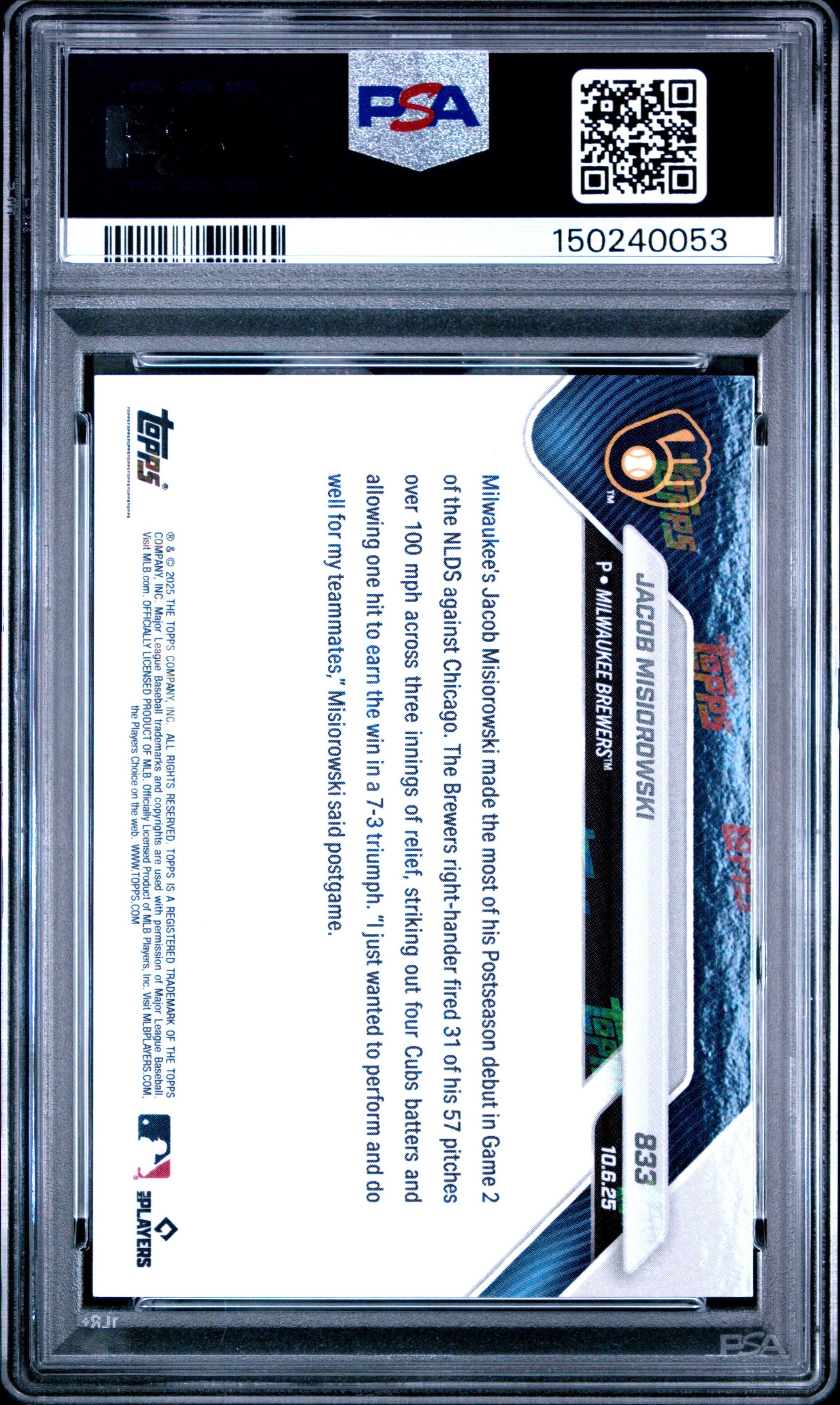 Graded 2025 Topps Now Jacob Misiorowski #833 Rookie RC Baseball Card PSA 9 Mint