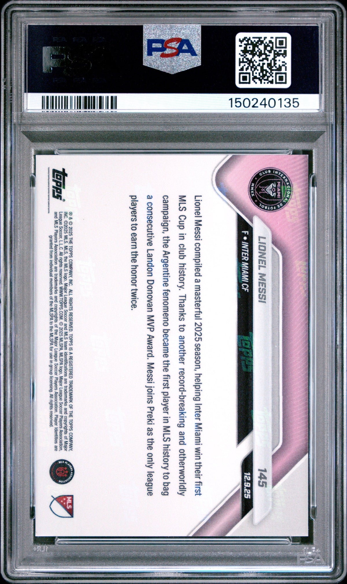 Graded 2025 Topps Now Lionel Messi #145 Soccer Card PSA 10 Gem Mint