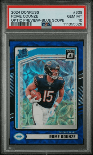 Graded 2024 Panini Donruss Rome Odunze #309 Optic Preview Blue Scope Rookie RC Football Card PSA 10 Gem Mint