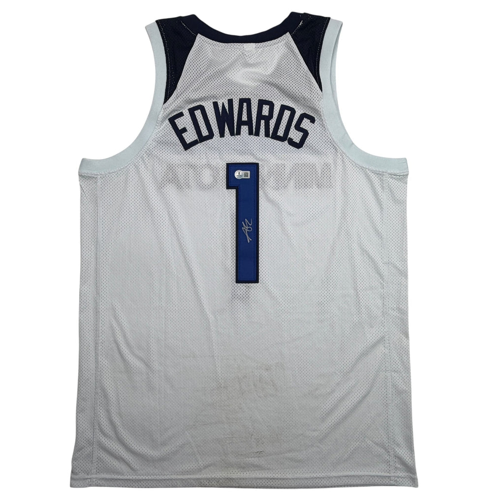 Autographed/Signed Anthony Edwards Minnesota White #1 Basketball Jersey Beckett BAS COA