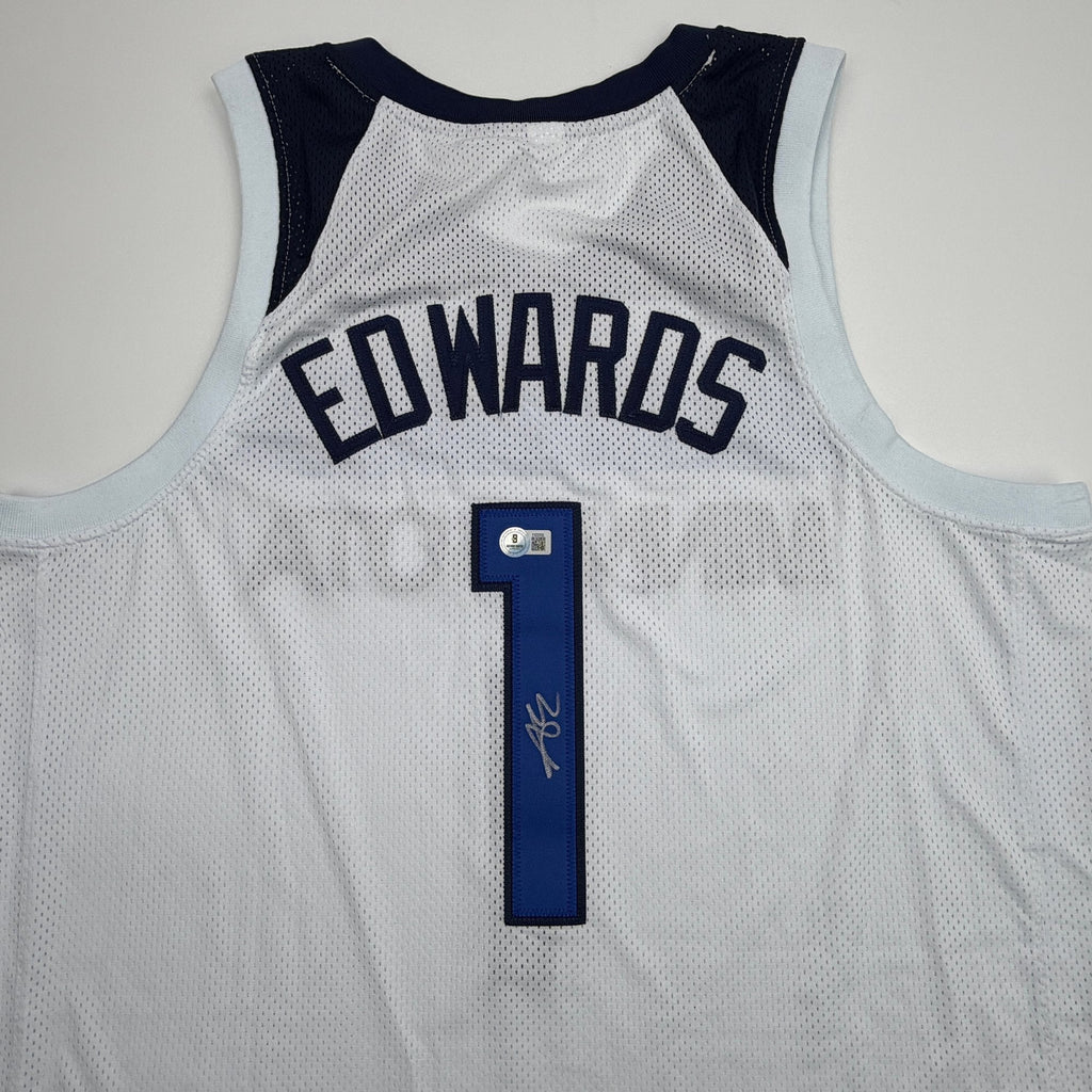 Autographed/Signed Anthony Edwards Minnesota White #1 Basketball Jersey Beckett BAS COA