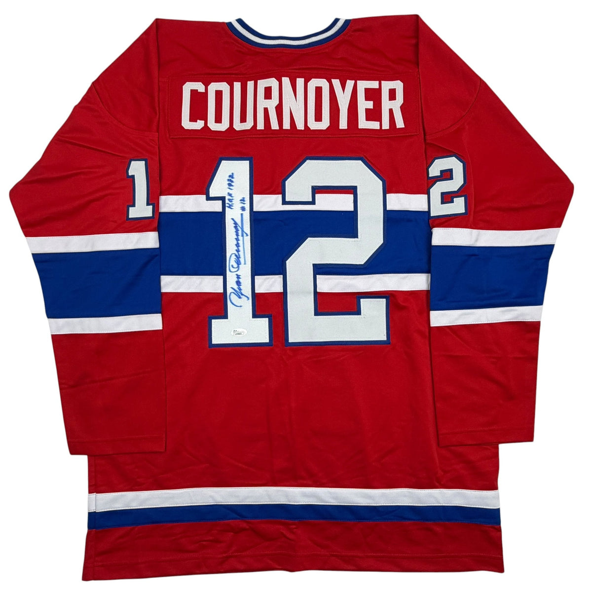Autographed/Signed Yvan Cournoyer HOF 1982 Montreal Red Hockey Jersey JSA COA
