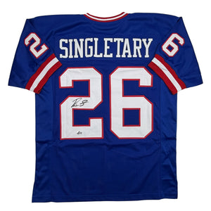 Autographed/Signed Devin Singletary New York Blue Retro Football Jersey Beckett BAS COA
