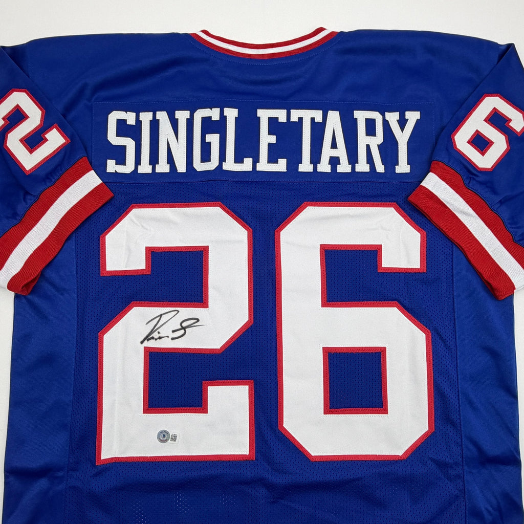 Autographed/Signed Devin Singletary New York Blue Retro Football Jersey Beckett BAS COA