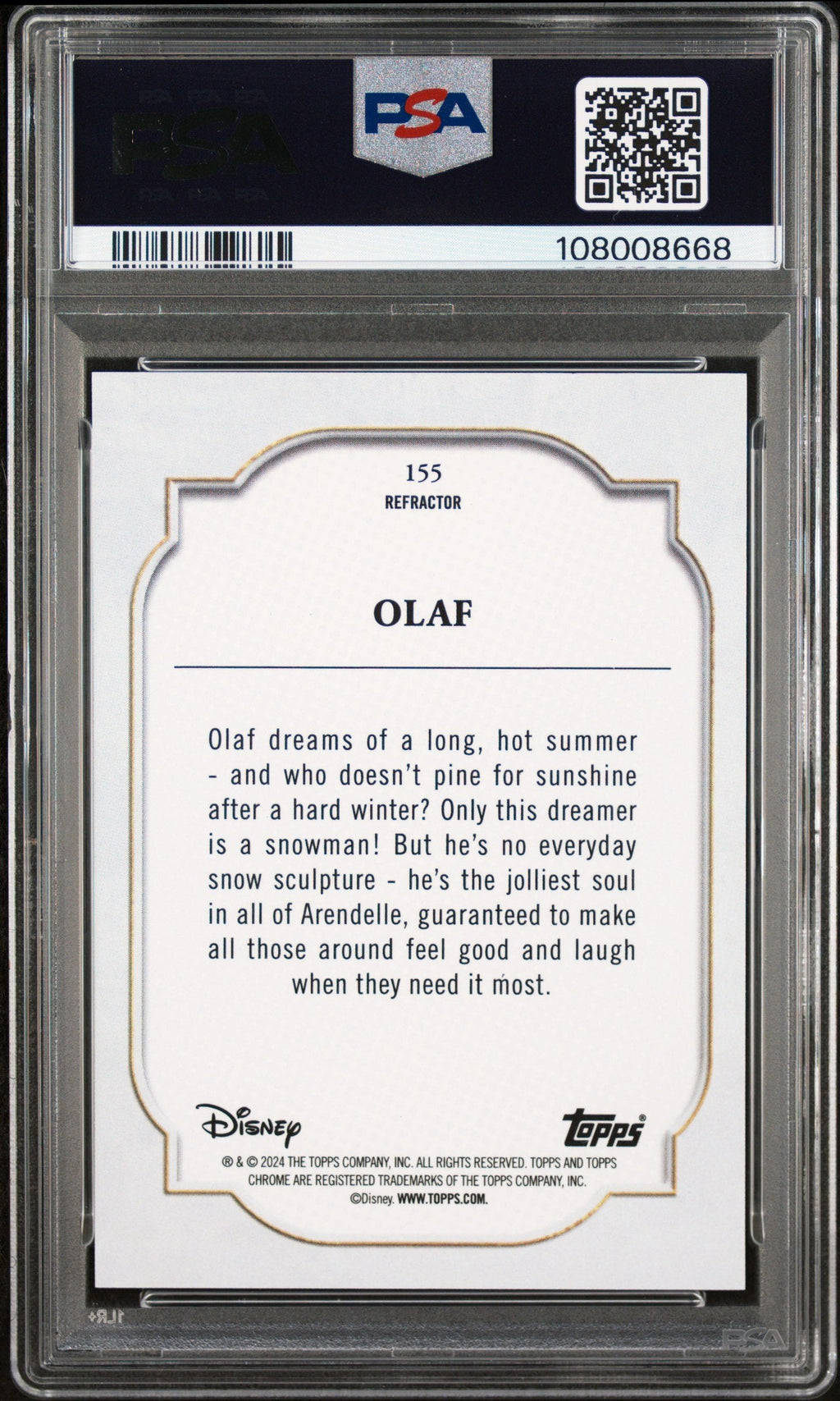 Graded 2024 Topps Chrome Disney Olaf #155 Refractor Frozen Trading Card PSA 10 Gem Mint