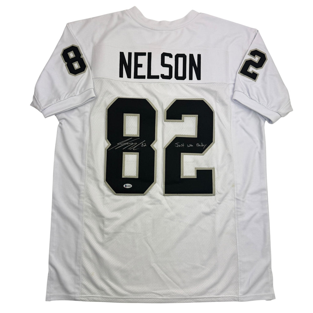 Autographed/Signed Jordy Nelson Oakland Las Vegas White Football Jersey Beckett BAS COA