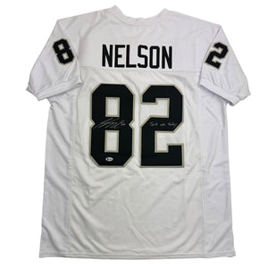 Autographed/Signed Jordy Nelson Oakland Las Vegas White Football Jersey Beckett BAS COA