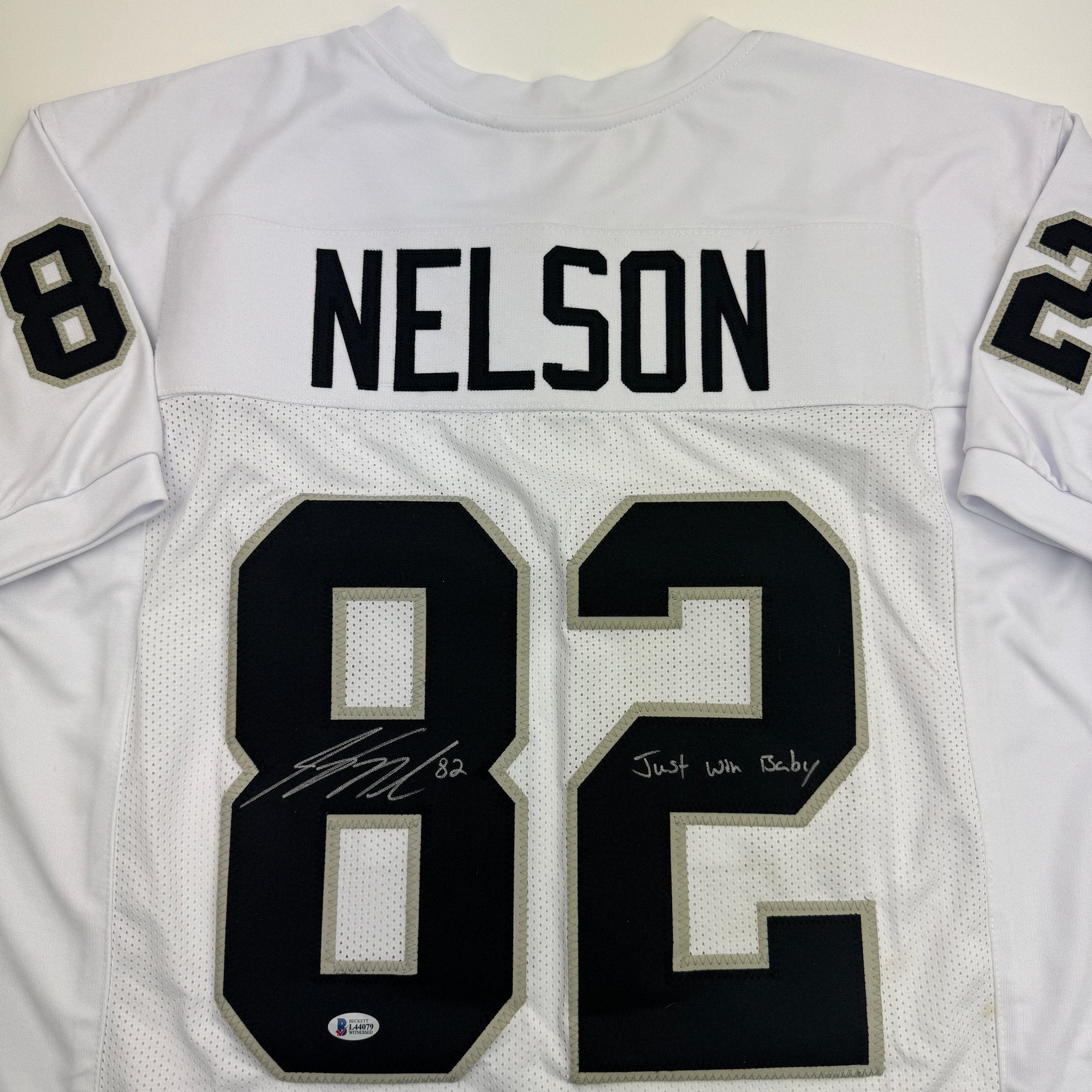 Autographed/Signed Jordy Nelson Oakland Las Vegas White Football Jersey Beckett BAS COA