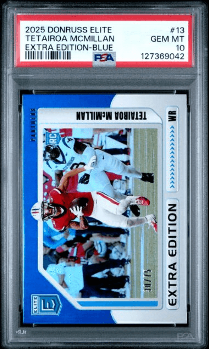 Graded 2025 Panini Donruss Elite Tetairoa McMillan #13 Extra Edition Blue /75 Rookie RC Football Card PSA 10 Gem Mint
