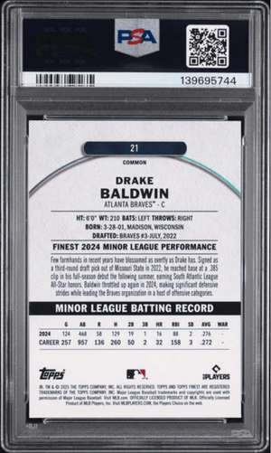 Graded 2025 Topps Finest Drake Baldwin #21 Checkerboard Refractor Rookie RC Baseball Card PSA 10 Gem Mint