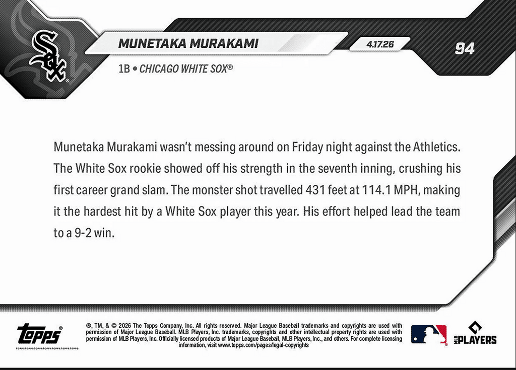 2026 Topps Now Munetaka Murakami #94 Smashes 1st Career Grand Slam 114.1 MPH Chicago White Sox Rookie RC Baseball Card