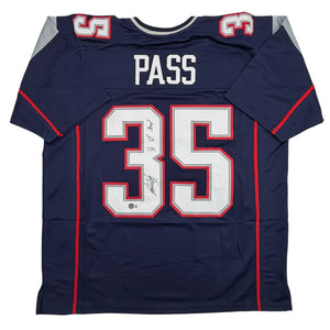Autographed/Signed Patrick Pass 3x SB Champ New England Blue Football Jersey Beckett BAS COA
