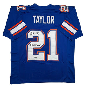 Autographed/Signed Fred Taylor 96 National Champs Florida Blue College Football Jersey Beckett BAS COA