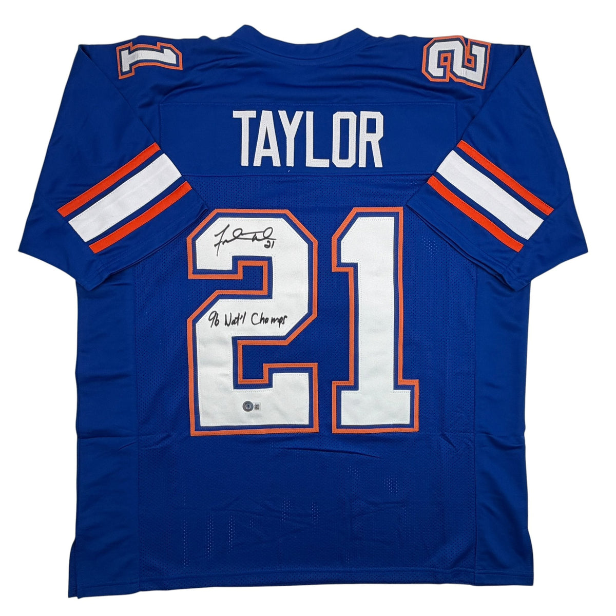 Autographed/Signed Fred Taylor 96 National Champs Florida Blue College Football Jersey Beckett BAS COA