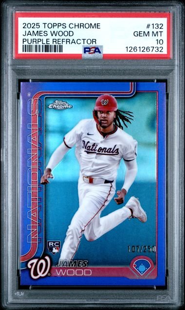 Graded 2025 Topps Chrome James Wood #132 Purple Refractor /250 Rookie RC Baseball Card PSA 10 Gem Mint
