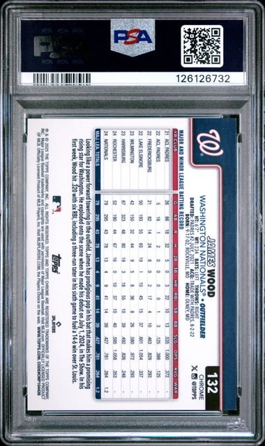 Graded 2025 Topps Chrome James Wood #132 Purple Refractor /250 Rookie RC Baseball Card PSA 10 Gem Mint