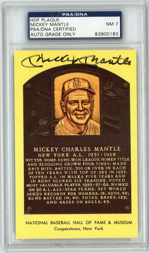 Graded Baseball Hall of Fame Plaque Mickey Mantle Signed Autographed Baseball Postcard PSA/DNA 7 Near Mint