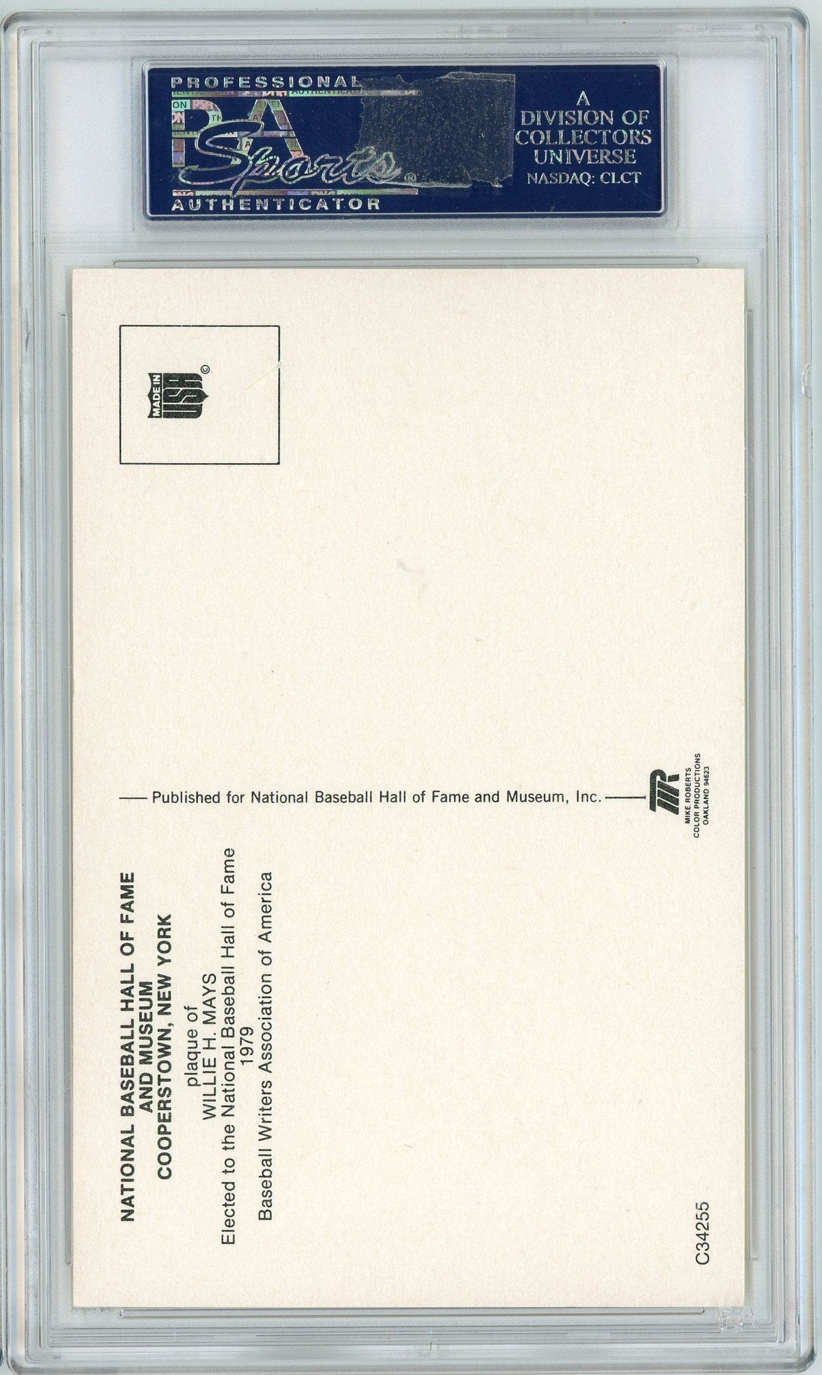 Graded Baseball Hall of Fame Plaque Willie Mays Signed Autographed Baseball Postcard PSA 7 Near Mint