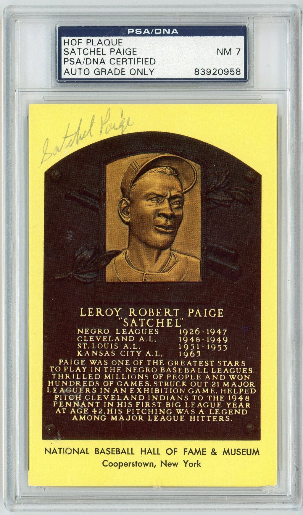 Graded Baseball Hall of Fame Plaque Satchel Paige Signed Autographed Baseball Postcard PSA/DNA 7 Near Mint