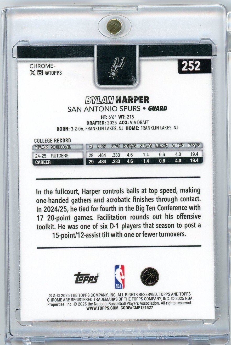 2025 Topps Chrome Dylan Harper #252 /75 Purple Wave Refractor Rookie RC Basketball Card
