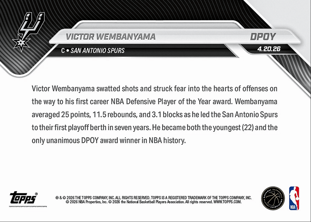 2025 Topps Now Victor Wembanyama #DPOY Youngest and First Ever Unanimous NBA DPOY San Antonio Spurs Basketball Card