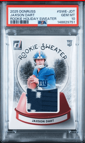Graded 2025 Panini Donruss Jaxson Dart #SWEJDT Rookie Holiday Sweater Rookie RC Football Card PSA 10 Gem Mint