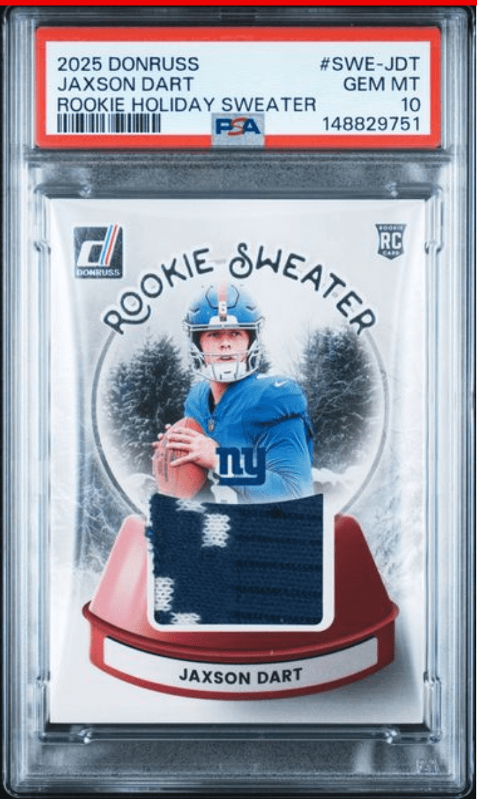 Graded 2025 Panini Donruss Jaxson Dart #SWEJDT Rookie Holiday Sweater Rookie RC Football Card PSA 10 Gem Mint