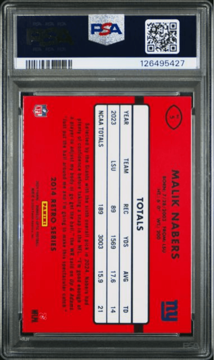 Graded 2024 Panini Donruss Optic Malik Nabers #5 2014 Retro Series Rookie RC Football Card PSA 10 Gem Mint