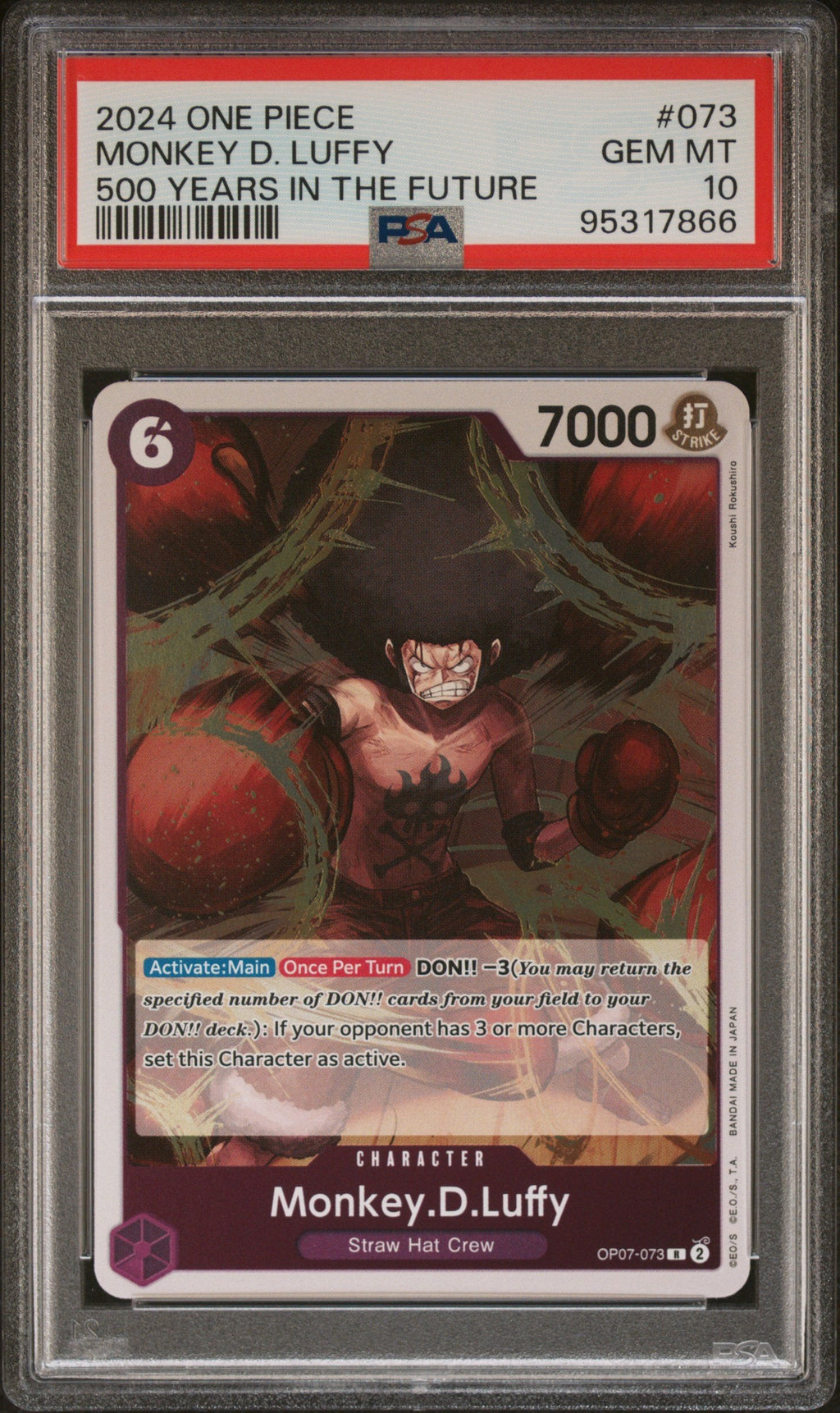 Graded 2024 One Piece Monkey D Luffy #073 OP07 Trading Card Game PSA 10 Gem Mint
