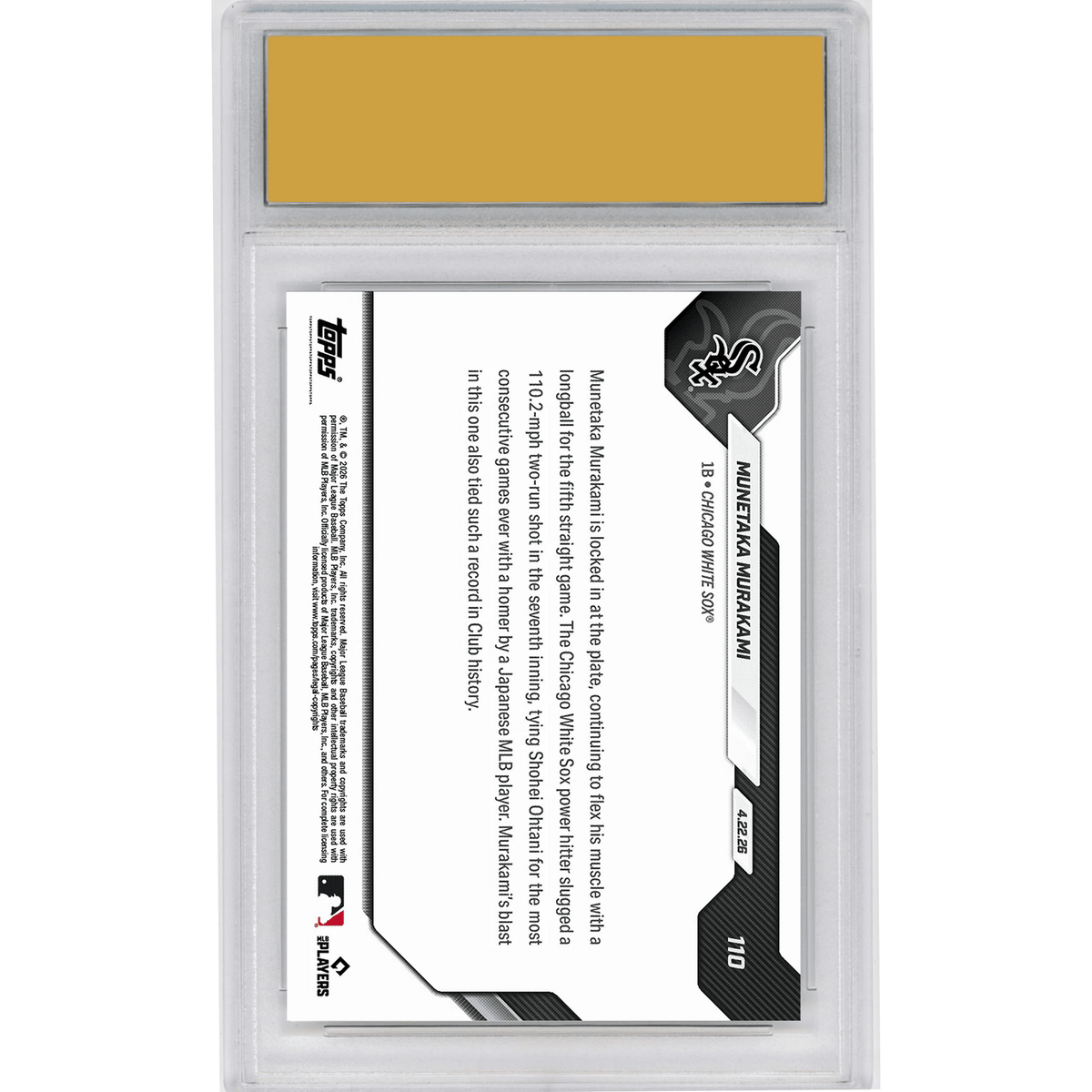 Graded 2026 Topps Now Munetaka Murakami #110 5th Straight Game With Home Run Ties Ohtani's Mark Chicago White Sox Rookie RC Baseball Card HOFSM 10 Gem Mint