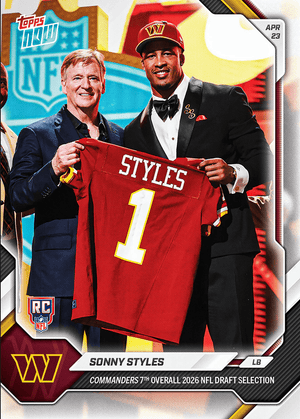 2026 Topps Now Sonny Styles #SSTY Commanders 7th Overall 2026 NFL Draft Selection Washington Commanders Rookie RC Football Card